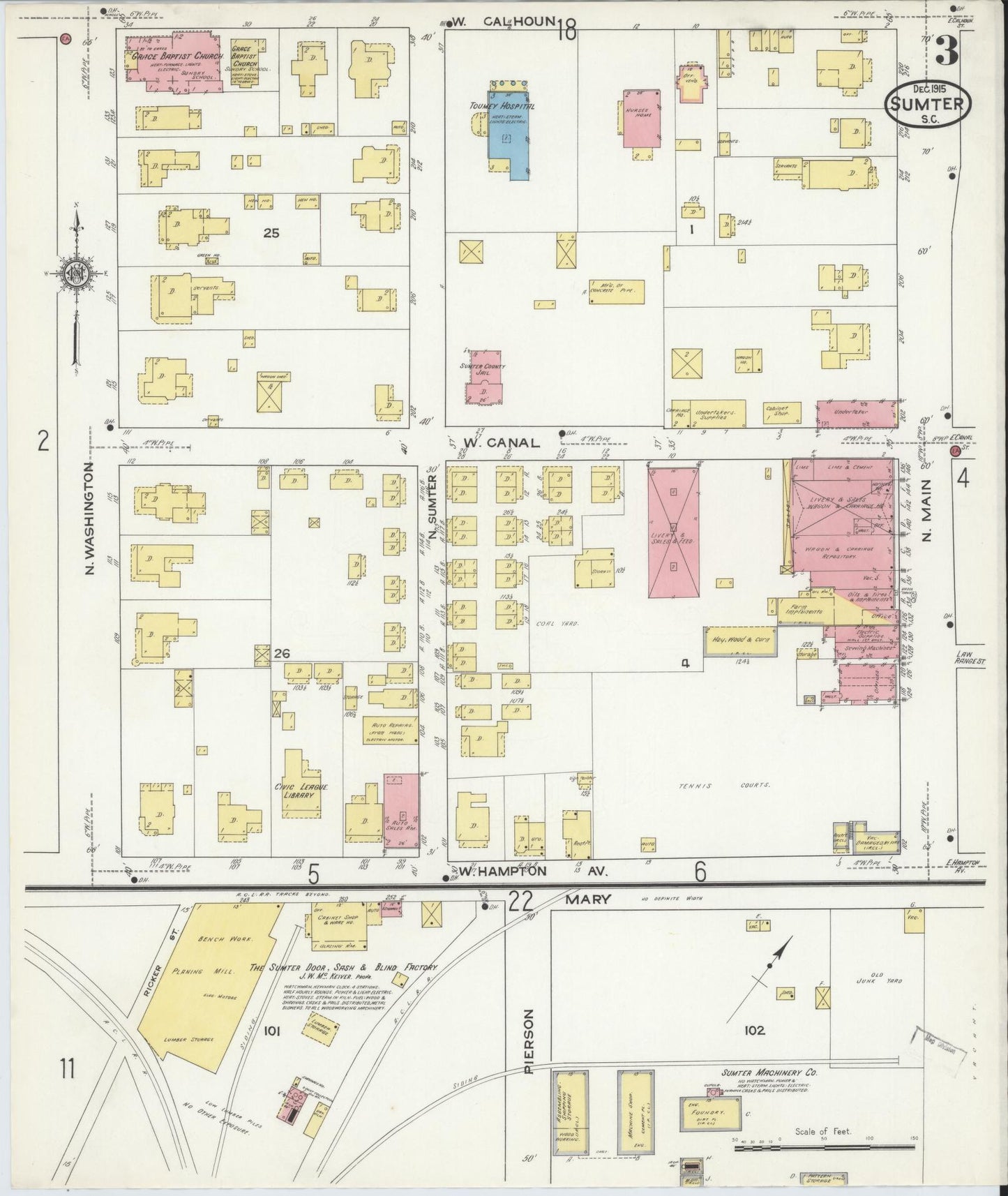 Sanborn Fire Insurance Map from Sumter, Sumter County, South Carolina (1915), Sheet #0003 - Historic Sanborn Fire Insurance Map Print, vintage old map wall art, antique decor, genealogy gift, South Carolina South Carolina map