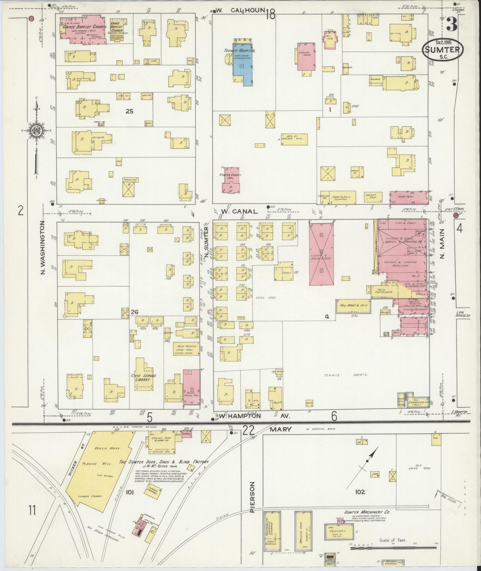 Sanborn Fire Insurance Map from Sumter, Sumter County, South Carolina (1915), Sheet #0003 - Historic Sanborn Fire Insurance Map Print, vintage old map wall art, antique decor, genealogy gift, South Carolina South Carolina map