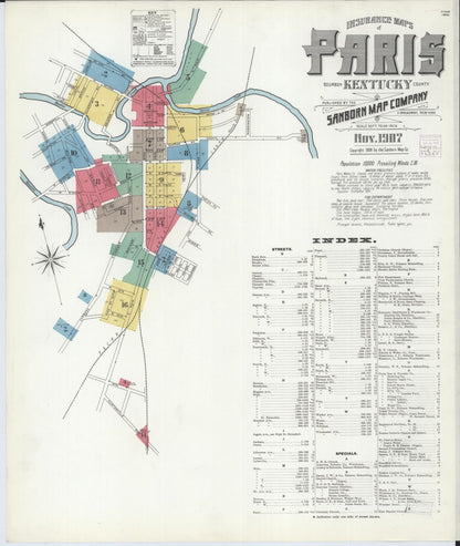 Sanborn Fire Insurance Map from Paris, Bourbon County, Kentucky (1907), Sheet #0001 - Complete Map Set gallery image, historic Sanborn map, vintage wall art, Kentucky Kentucky