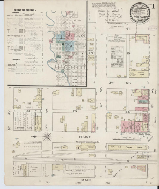 Sanborn Fire Insurance Map from Jamestown, Stutsman County, North Dakota (1886), Sheet #0001 - Complete Map Set gallery image, historic Sanborn map, vintage wall art, North Dakota North Dakota