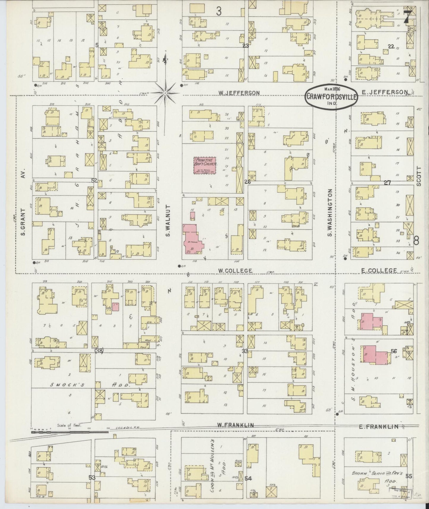 Sanborn Fire Insurance Map from Crawfordsville, Montgomery County, Indiana (1896), Sheet #0007 - Complete Map Set gallery image, historic Sanborn map, vintage wall art, Indiana Indiana