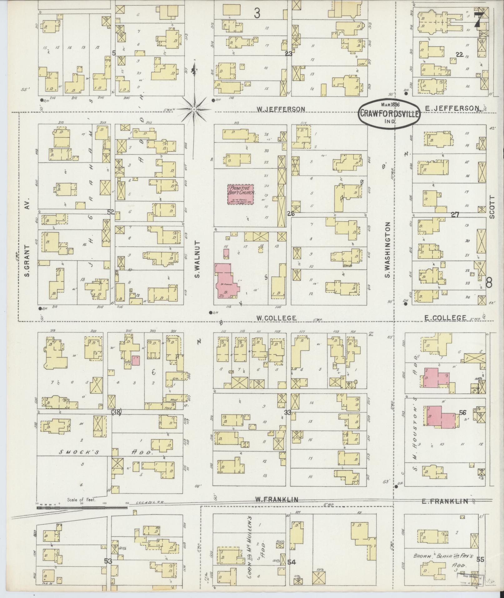 Sanborn Fire Insurance Map from Crawfordsville, Montgomery County, Indiana (1896), Sheet #0007 - Complete Map Set gallery image, historic Sanborn map, vintage wall art, Indiana Indiana