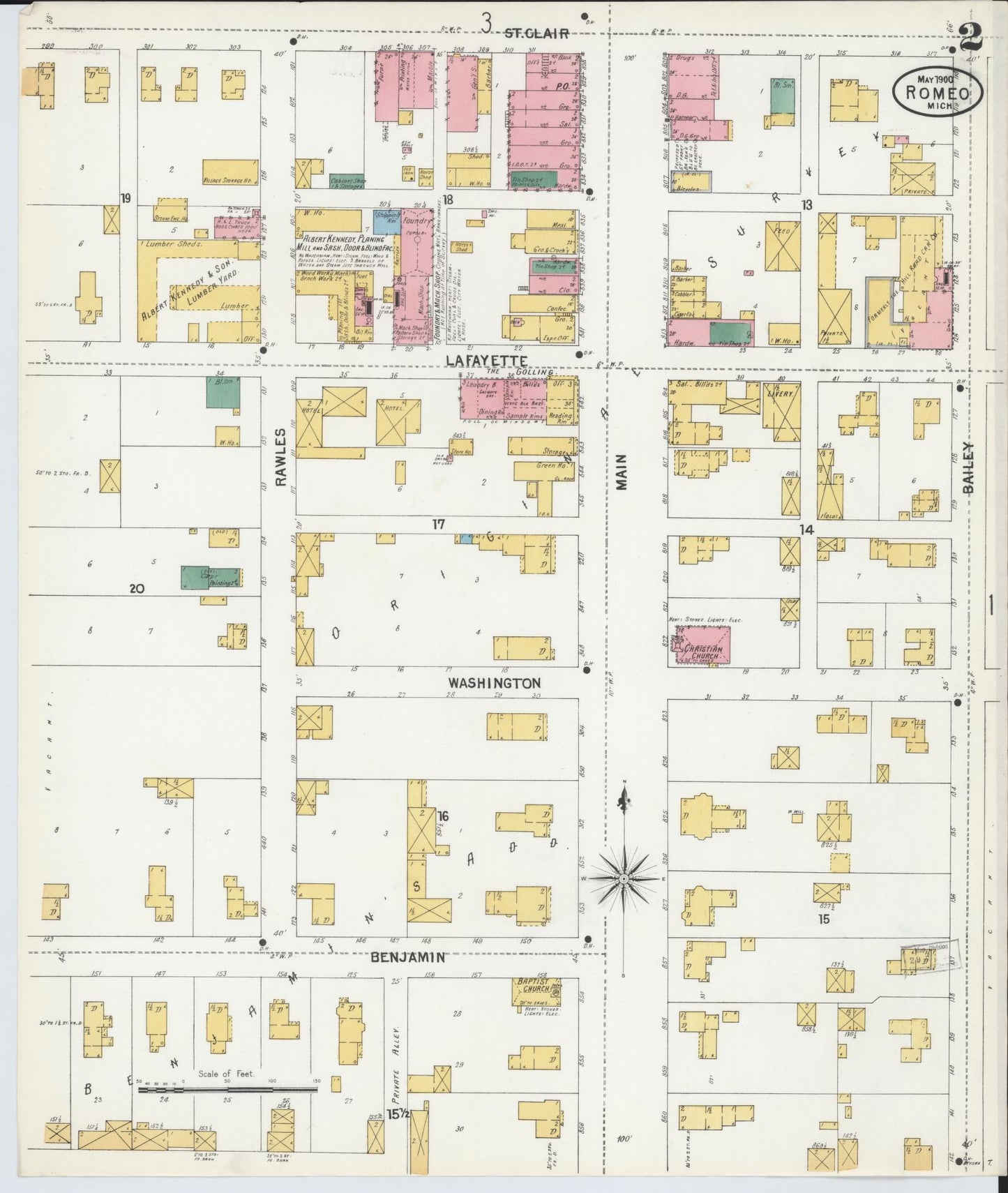 Sanborn Fire Insurance Map from Romeo, Macomb County, Michigan (1900), Sheet #0002 - Complete Map Set gallery image, historic Sanborn map, vintage wall art, Michigan Michigan