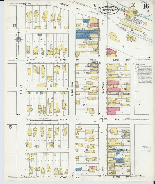 Sanborn Fire Insurance Map from Traverse City, Grand Traverse County, Michigan (1920), Sheet #0016 - Historic Sanborn Fire Insurance Map Print, vintage old map wall art, antique decor, genealogy gift, Michigan Michigan map