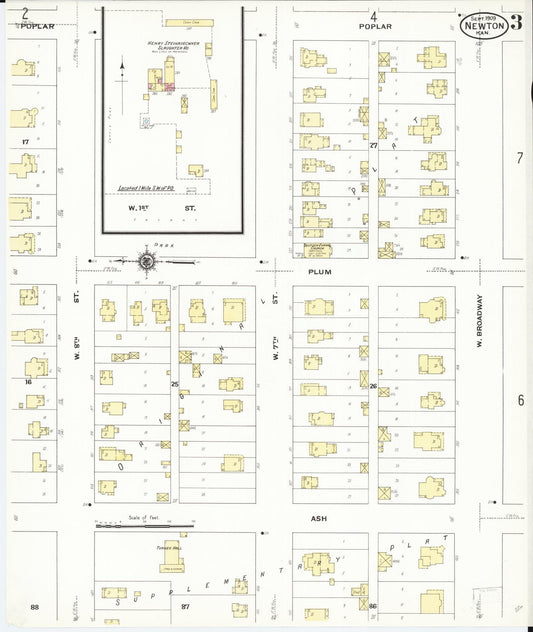 Sanborn Fire Insurance Map from Newton, Harvey County, Kansas (1909), Sheet #0003 - Historic Sanborn Fire Insurance Map Print, vintage old map wall art, antique decor, genealogy gift, Kansas Kansas map