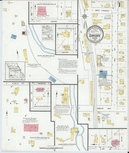 Sanborn Fire Insurance Map from Sarcoxie, Jasper County, Missouri (1918), Sheet #0001 - Historic Sanborn Fire Insurance Map Print, vintage old map wall art, antique decor, genealogy gift, Missouri Missouri map