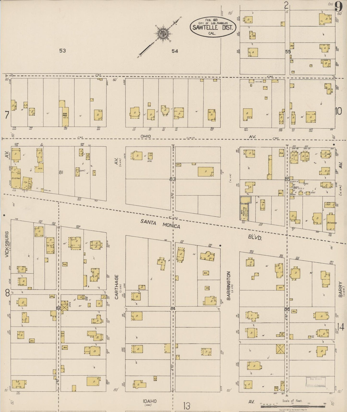 Sanborn Fire Insurance Map from Sawtelle, Los Angeles County, California (1921), Sheet #0009 - Complete Map Set gallery image, historic Sanborn map, vintage wall art, California California