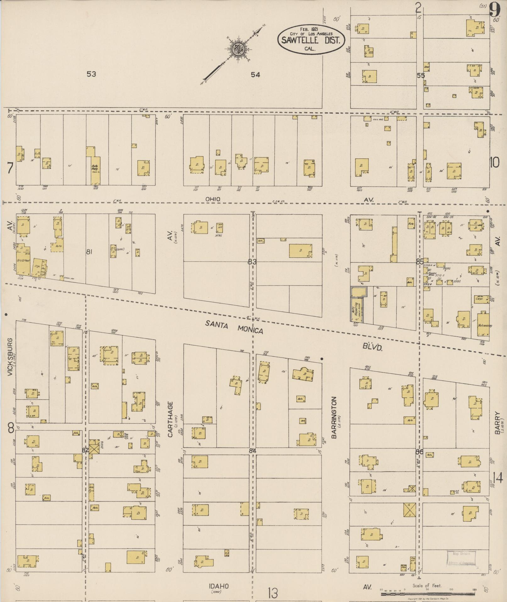 Sanborn Fire Insurance Map from Sawtelle, Los Angeles County, California (1921), Sheet #0009 - Complete Map Set gallery image, historic Sanborn map, vintage wall art, California California
