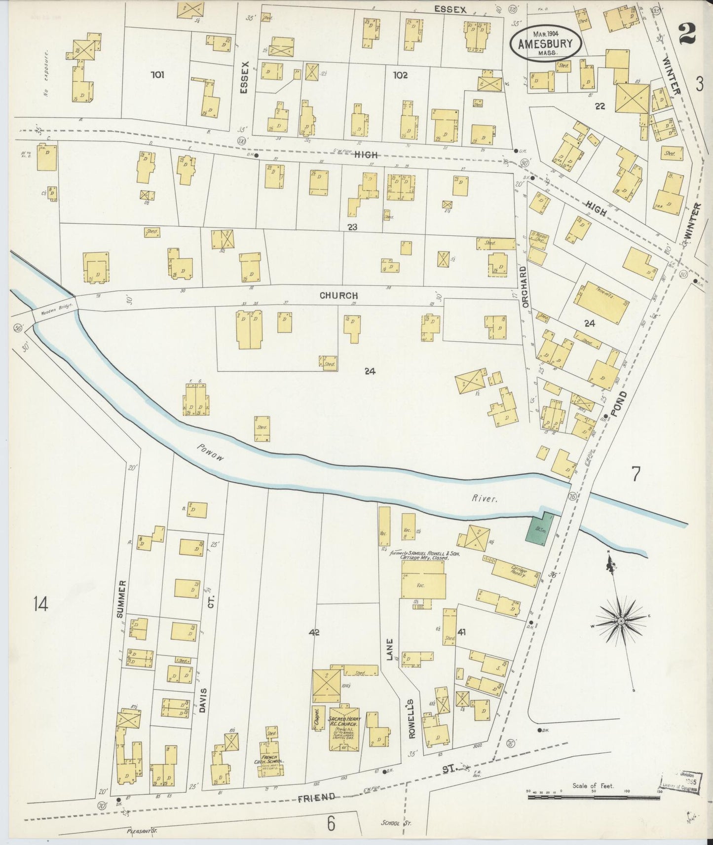 Sanborn Fire Insurance Map from Amesbury, Essex County, Massachusetts (1904), Sheet #0002 - Historic Sanborn Fire Insurance Map Print, vintage old map wall art, antique decor, genealogy gift, Massachusetts Massachusetts map