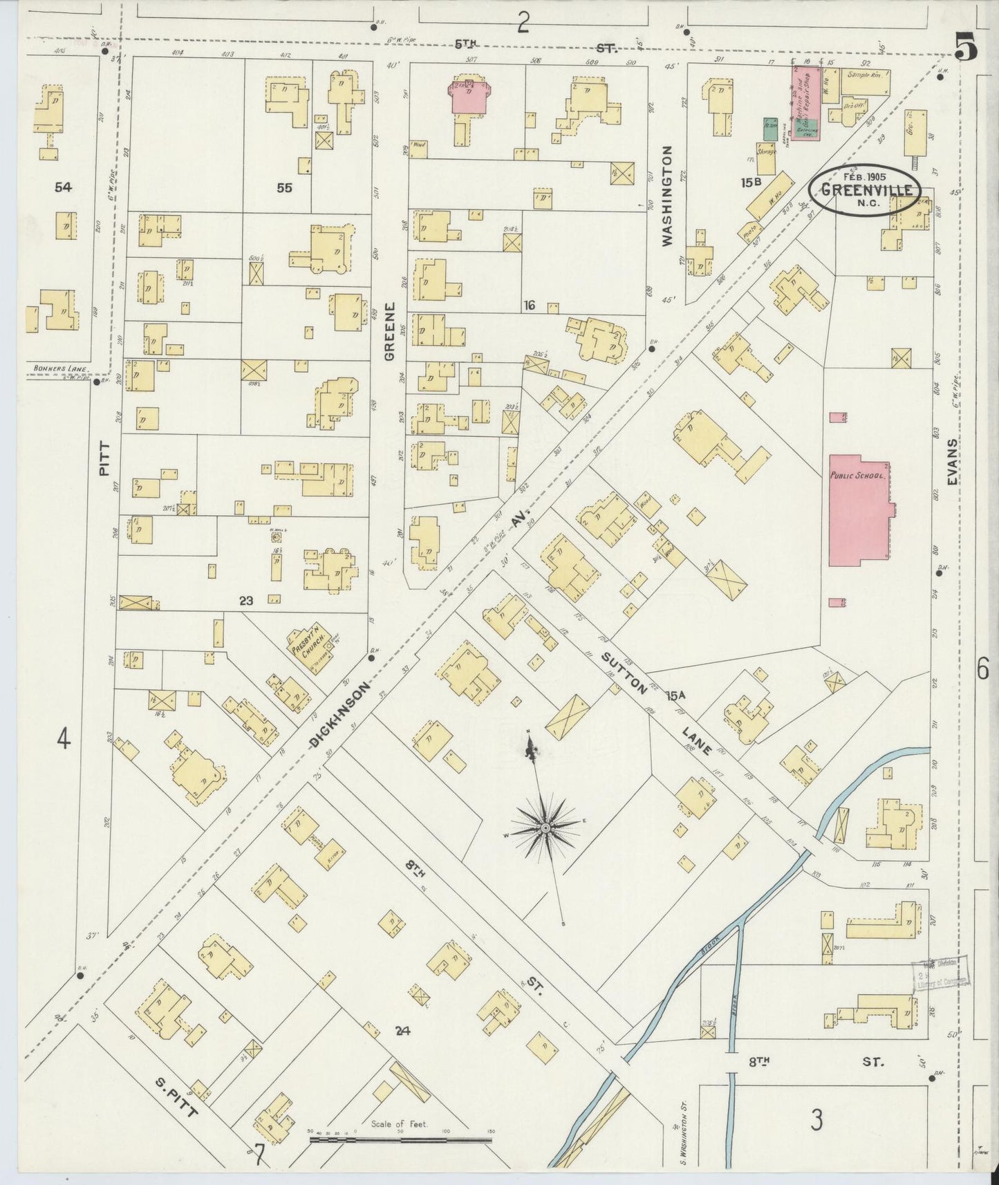 Sanborn Fire Insurance Map from Greenville, Pitt County, North Carolina (1905), Sheet #0005 - Complete Map Set gallery image, historic Sanborn map, vintage wall art, North Carolina North Carolina