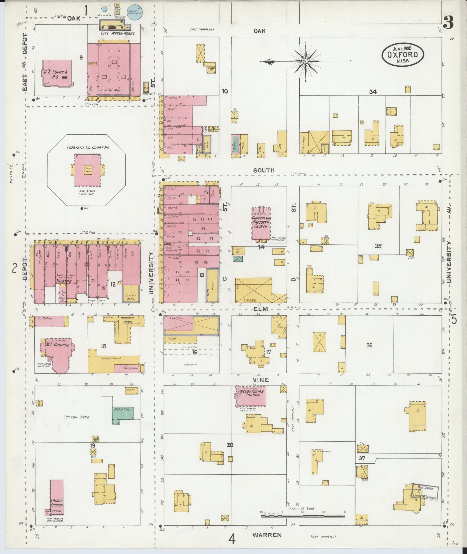 Sanborn Fire Insurance Map from Oxford, Lafayette County, Mississippi (1905), Sheet #0003 - Historic Sanborn Fire Insurance Map Print, vintage old map wall art, antique decor, genealogy gift, Mississippi Mississippi map