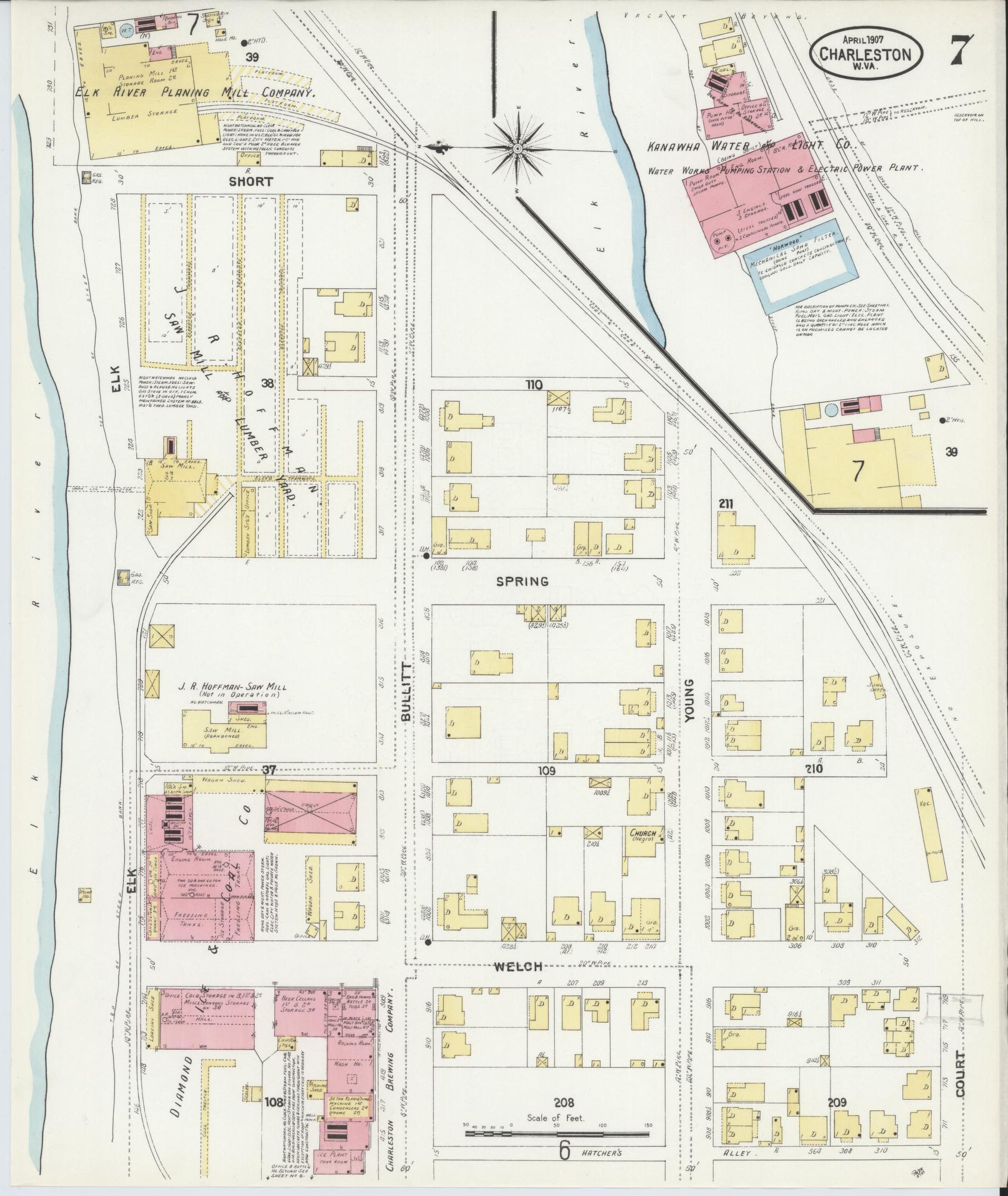 Sanborn Fire Insurance Map from Charleston, Kanawha County, West Virginia (1907), Sheet #0007 - Complete Map Set gallery image, historic Sanborn map, vintage wall art, West Virginia West Virginia