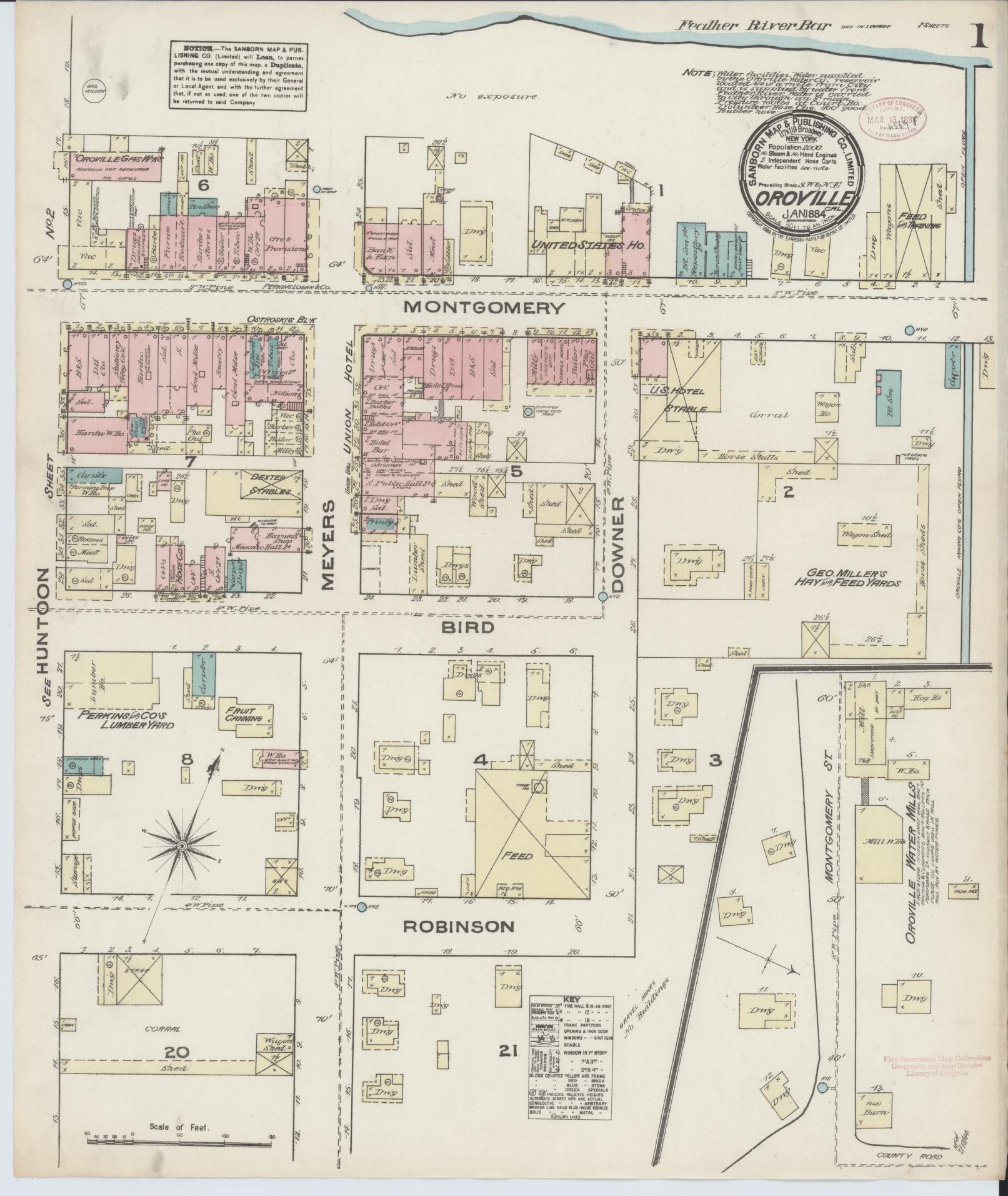 Sanborn Fire Insurance Map from Oroville, Butte County, California (1884), Sheet #0001 - Complete Map Set gallery image, historic Sanborn map, vintage wall art, California California