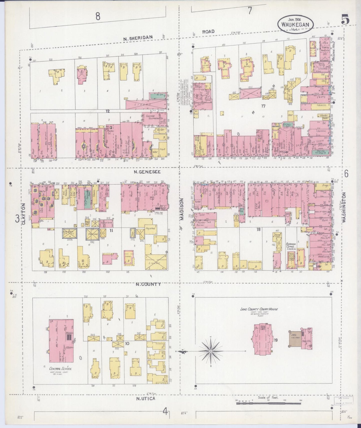 Sanborn Fire Insurance Map from Waukegan, Lake County, Illinois (1906), Sheet #0005 - Complete Map Set gallery image, historic Sanborn map, vintage wall art, Illinois Illinois