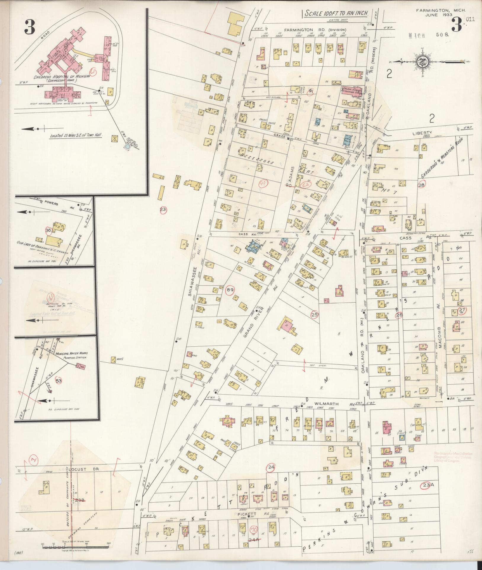 Sanborn Fire Insurance Map from Farmington, Oakland County, Michigan (1943), Sheet #0003 - Complete Map Set gallery image, historic Sanborn map, vintage wall art, Michigan Michigan