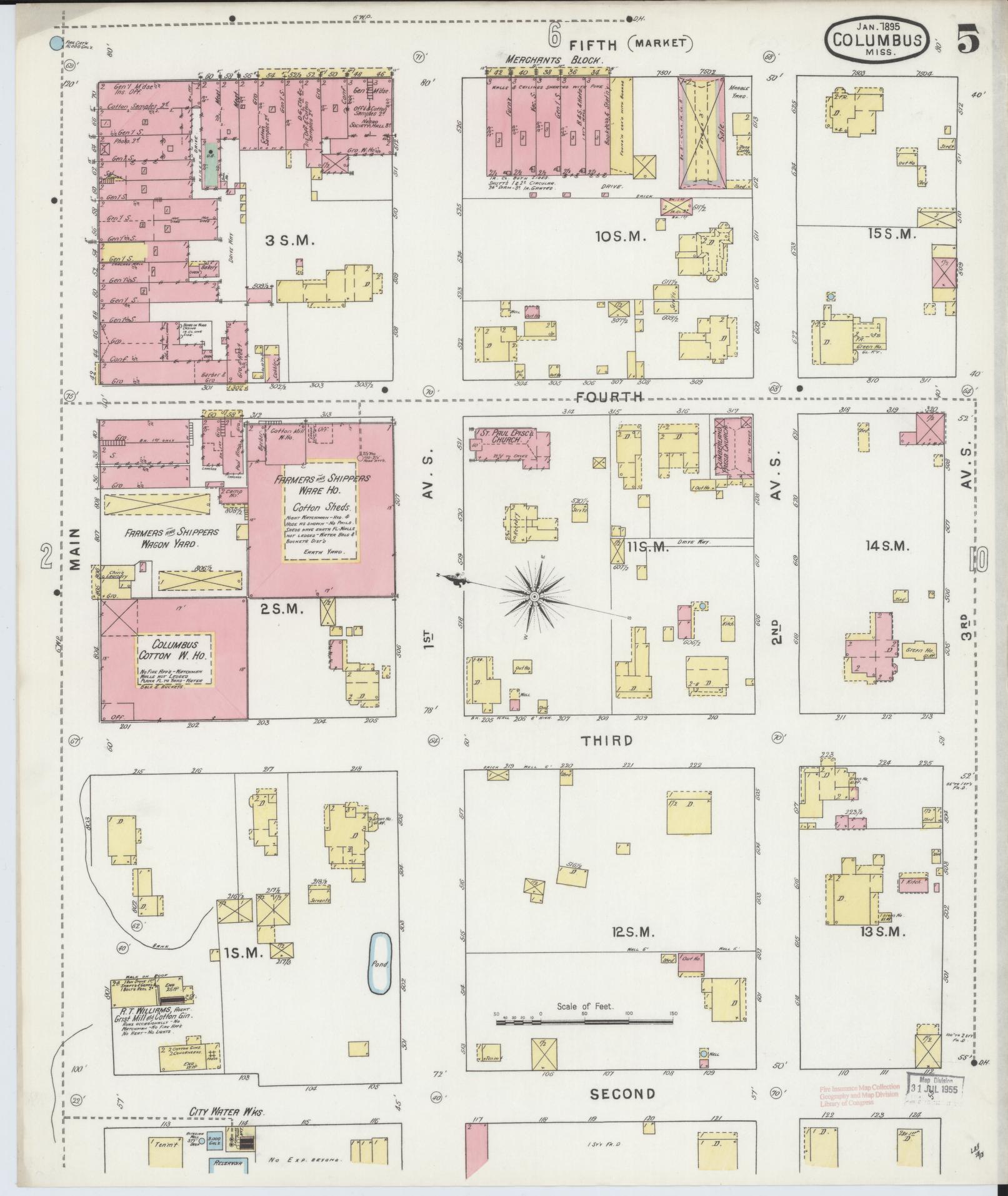 Sanborn Fire Insurance Map from Columbus, Lowndes County, Mississippi (1895), Sheet #0005 - Complete Map Set gallery image, historic Sanborn map, vintage wall art, Mississippi Mississippi