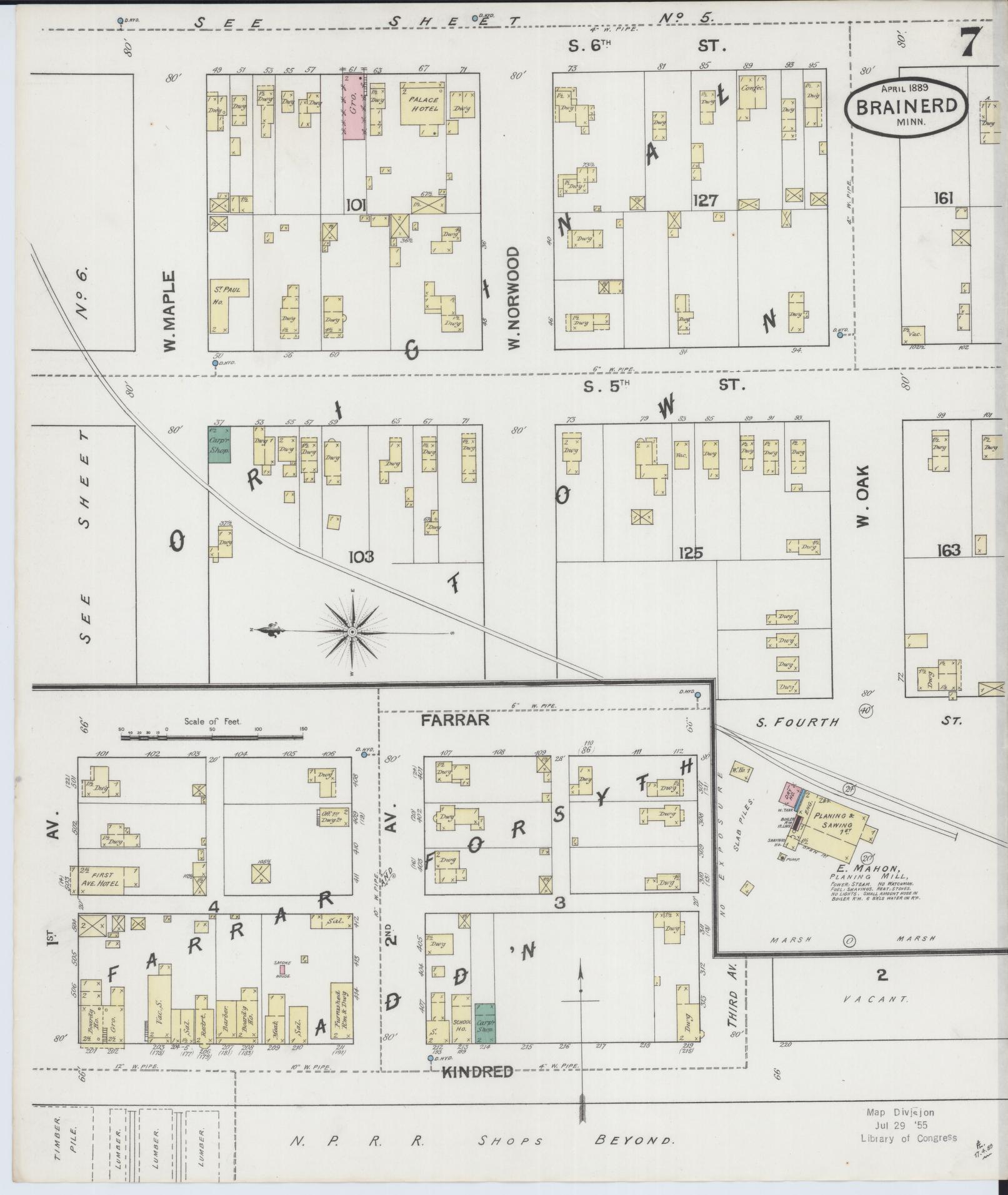 Sanborn Fire Insurance Map from Brainerd, Crow Wing County, Minnesota (1889), Sheet #0007 - Complete Map Set gallery image, historic Sanborn map, vintage wall art, Minnesota Minnesota