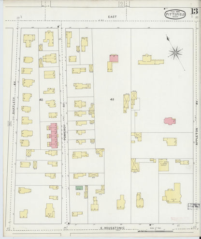 Sanborn Fire Insurance Map from Pittsfield, Berkshire County, Massachusetts (1895), Sheet #0013 - Historic Sanborn Fire Insurance Map Print, vintage old map wall art, antique decor, genealogy gift, Massachusetts Massachusetts map