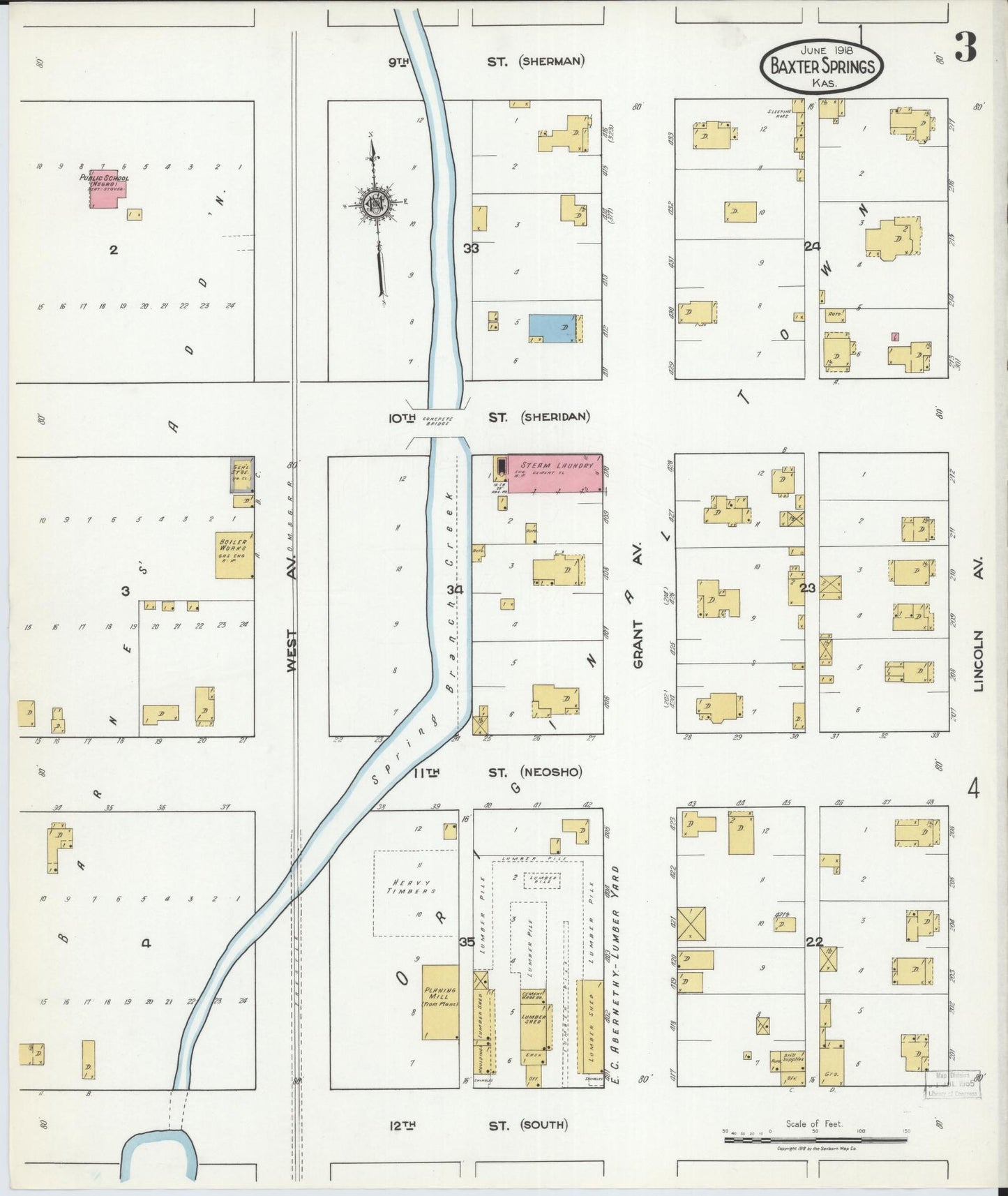 Sanborn Fire Insurance Map from Baxter Springs, Cherokee County, Kansas (1918), Sheet #0003 - Complete Map Set gallery image, historic Sanborn map, vintage wall art, Kansas Kansas
