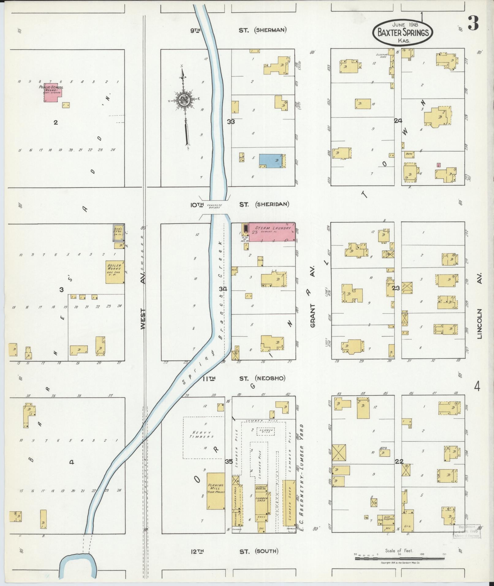 Sanborn Fire Insurance Map from Baxter Springs, Cherokee County, Kansas (1918), Sheet #0003 - Complete Map Set gallery image, historic Sanborn map, vintage wall art, Kansas Kansas