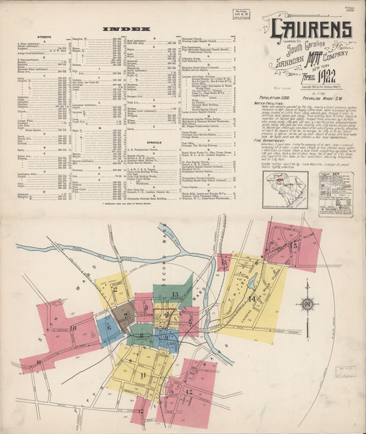 Sanborn Fire Insurance Map from Laurens, Laurens County, South Carolina (1922), Sheet #0001 - Historic Sanborn Fire Insurance Map Print, vintage old map wall art, antique decor, genealogy gift, South Carolina South Carolina map