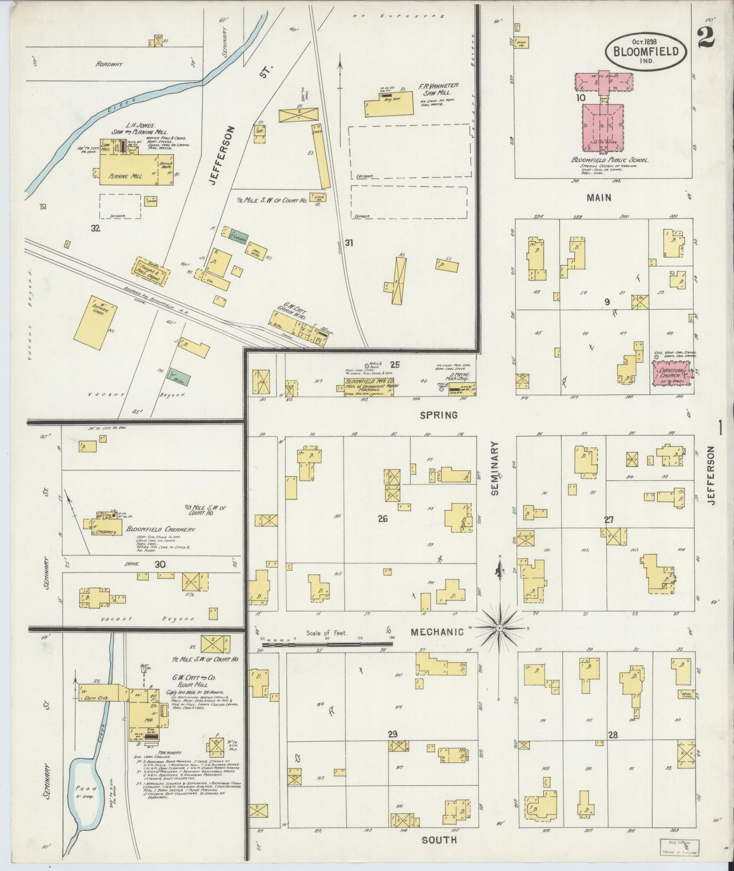 Sanborn Fire Insurance Map from Bloomfield, Greene County, Indiana (1898), Sheet #0002 - Historic Sanborn Fire Insurance Map Print, vintage old map wall art, antique decor, genealogy gift, Indiana Indiana map