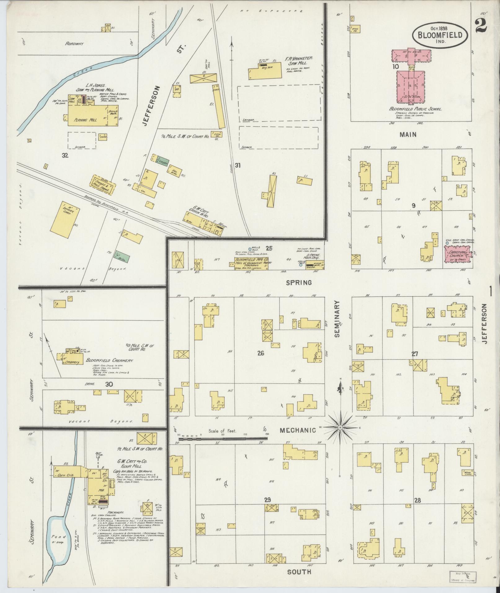 Sanborn Fire Insurance Map from Bloomfield, Greene County, Indiana (1898), Sheet #0002 - Historic Sanborn Fire Insurance Map Print, vintage old map wall art, antique decor, genealogy gift, Indiana Indiana map