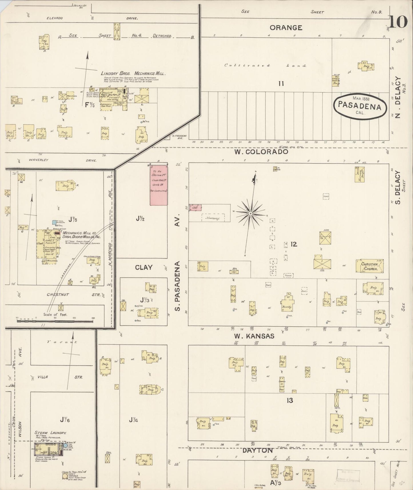 Sanborn Fire Insurance Map from Pasadena, Los Angeles County, California (1888), Sheet #0010 - Complete Map Set gallery image, historic Sanborn map, vintage wall art, California California
