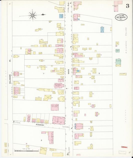 Sanborn Fire Insurance Map from Newark, New Castle County, Delaware (1907), Sheet #0003 - Historic Sanborn Fire Insurance Map Print, vintage old map wall art, antique decor, genealogy gift, Delaware Delaware map