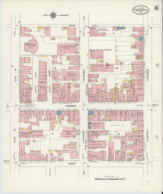 Frederick, Maryland - 1911 - Sanborn Fire Insurance Map, Sheet #0006 - Historic Sanborn Fire Insurance Map Print, Frederick Maryland 1911 0006 vintage old map wall art