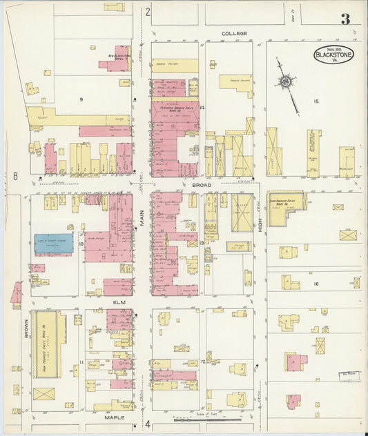 Sanborn Fire Insurance Map from Blackstone, Nottoway County, Virginia (1913), Sheet #0003 - Historic Sanborn Fire Insurance Map Print, vintage old map wall art, antique decor, genealogy gift, Virginia Virginia map