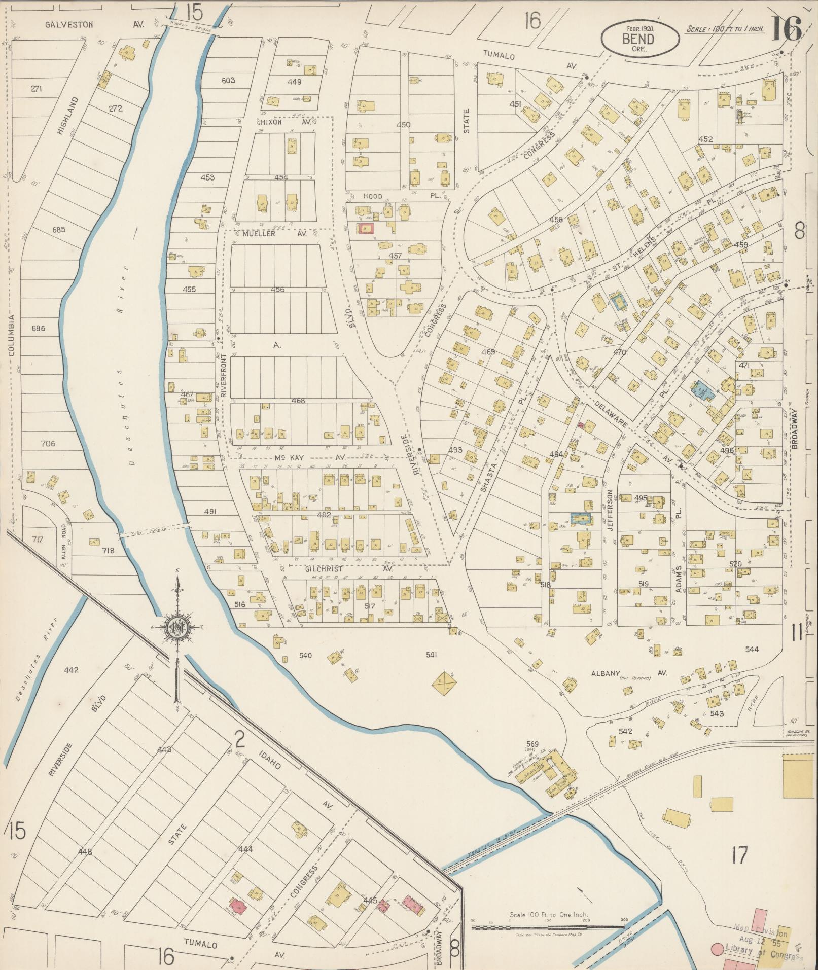 Sanborn Fire Insurance Map from Bend, Deschutes County, Oregon (1920), Sheet #0016 - Complete Map Set gallery image, historic Sanborn map, vintage wall art, Oregon Oregon