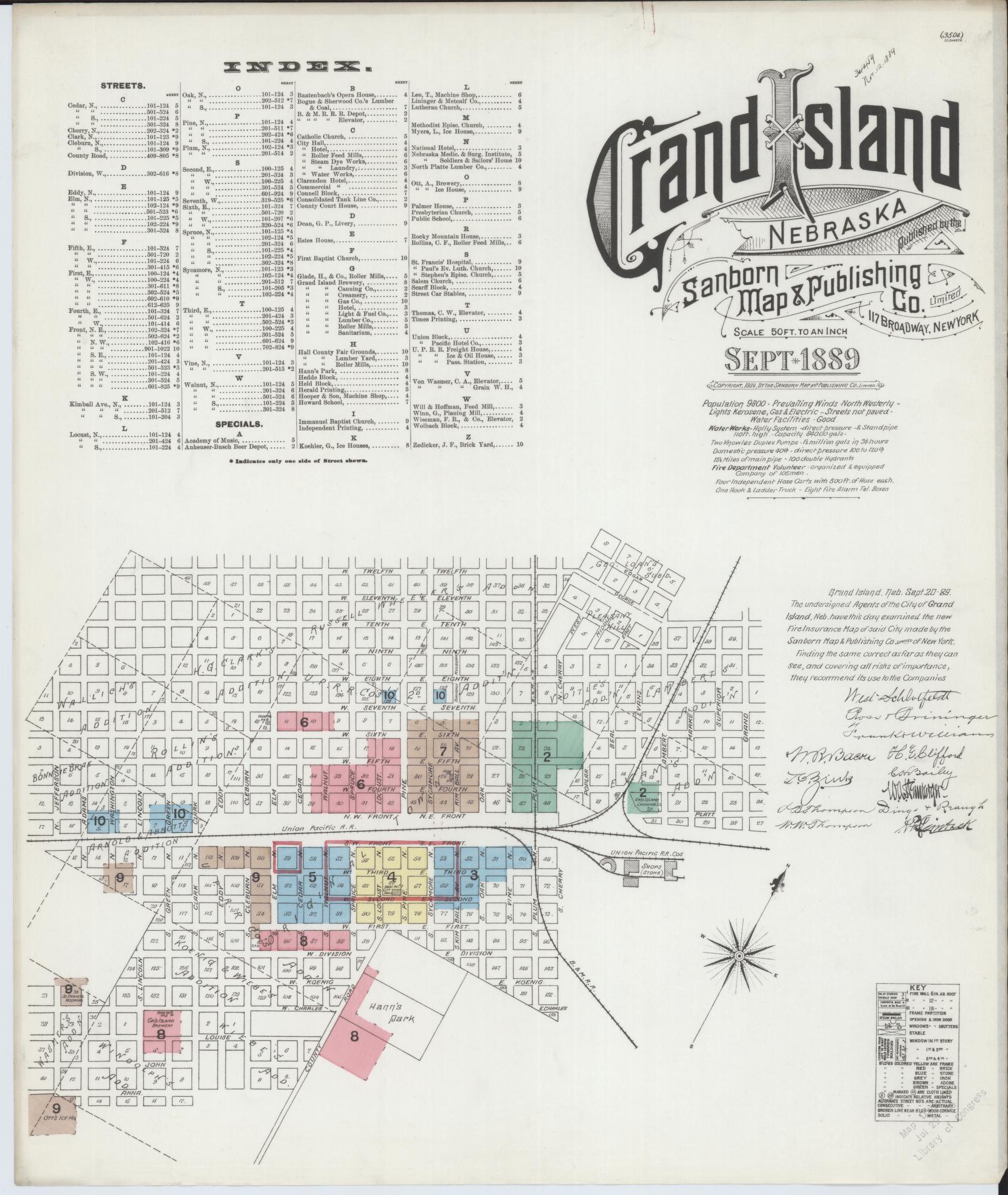 Sanborn Fire Insurance Map from Grand Island, Hall County, Nebraska (1889), Sheet #0001 - Historic Sanborn Fire Insurance Map Print, vintage old map wall art, antique decor, genealogy gift, Nebraska Nebraska map