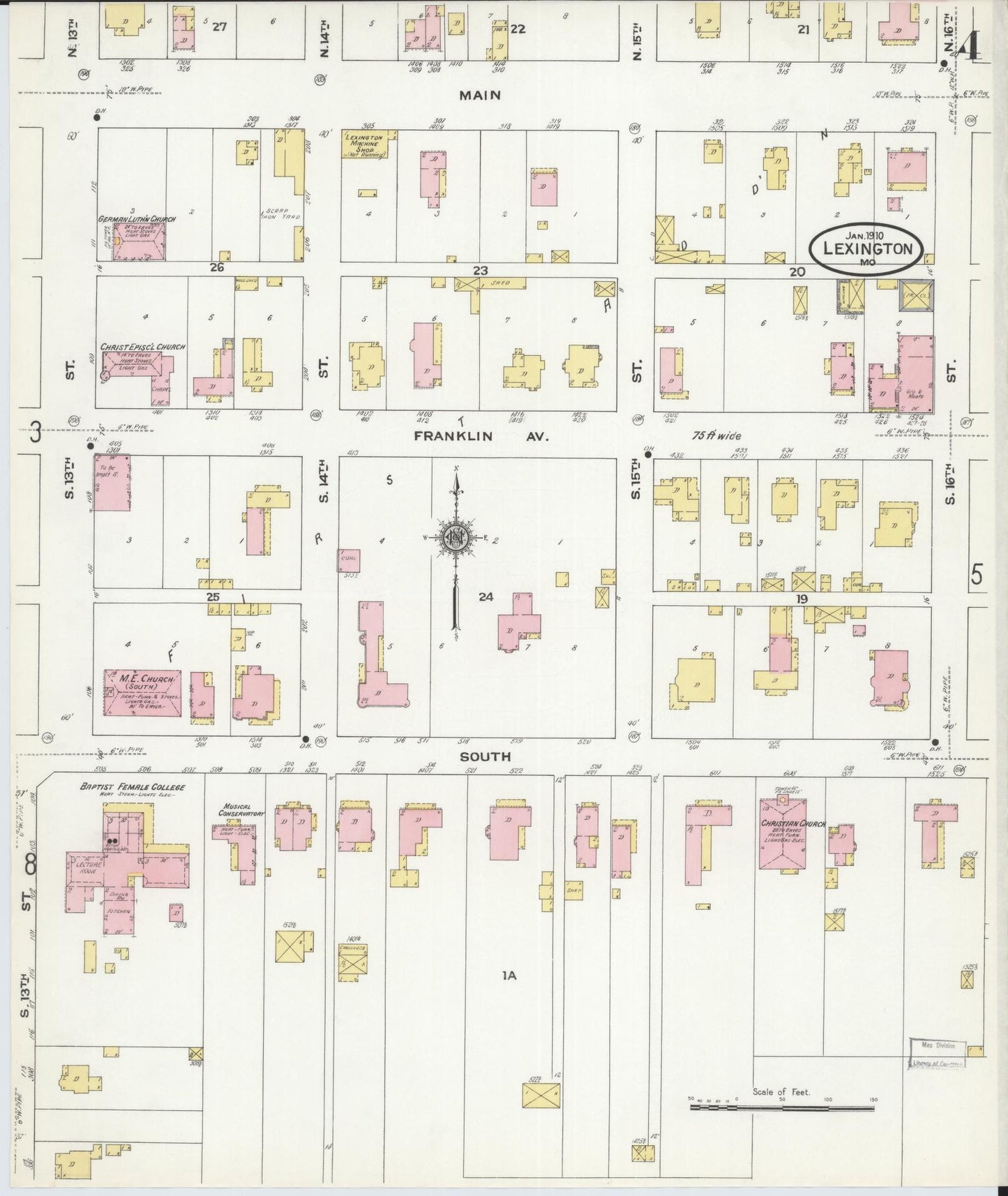 Sanborn Fire Insurance Map from Lexington, Lafayette County, Missouri (1910), Sheet #0004 - Historic Sanborn Fire Insurance Map Print, vintage old map wall art, antique decor, genealogy gift, Missouri Missouri map