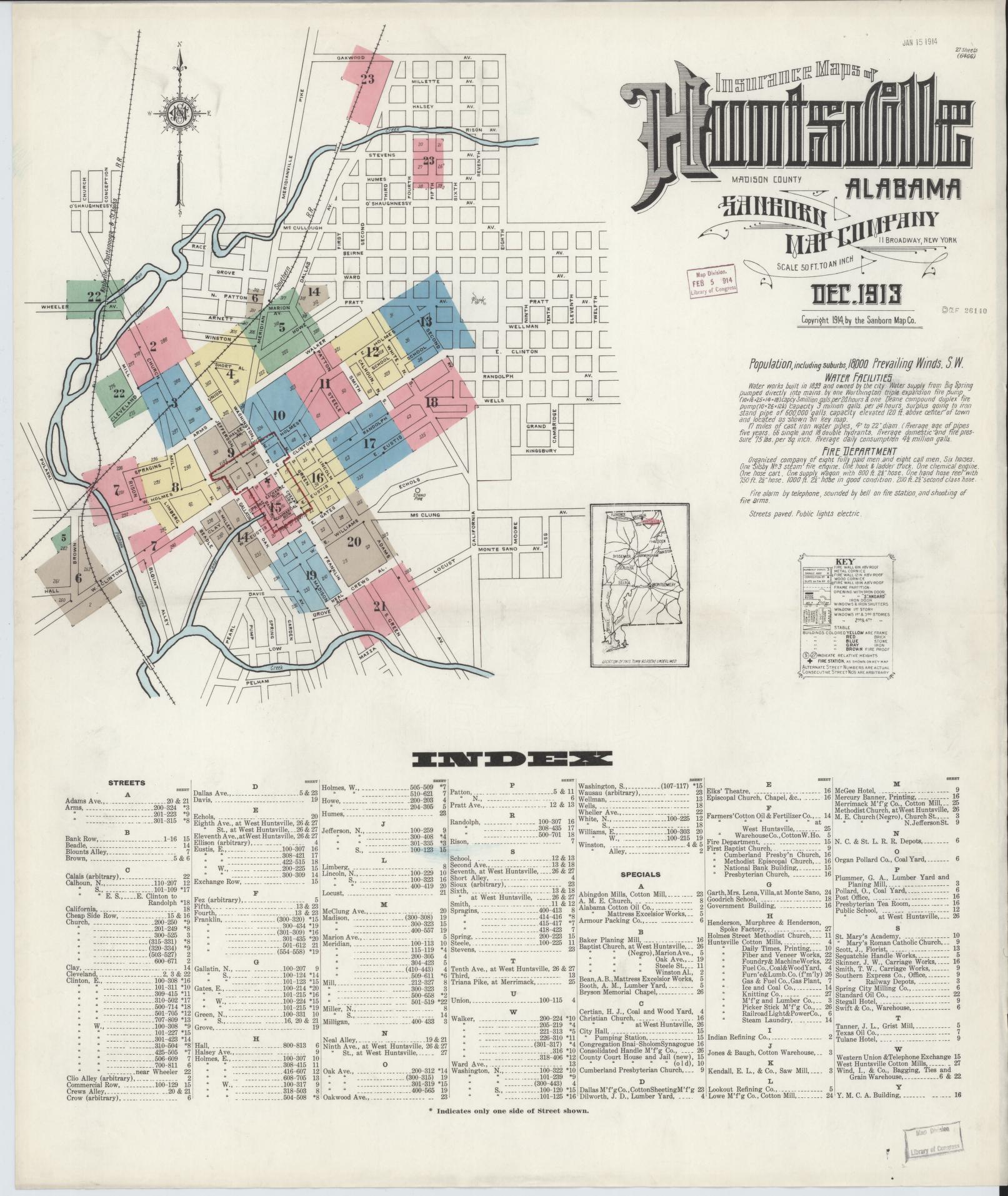 Sanborn Fire Insurance Map from Huntsville, Madison County, Alabama (1913), Sheet #0001 - Complete Map Set gallery image, historic Sanborn map, vintage wall art, Alabama Alabama
