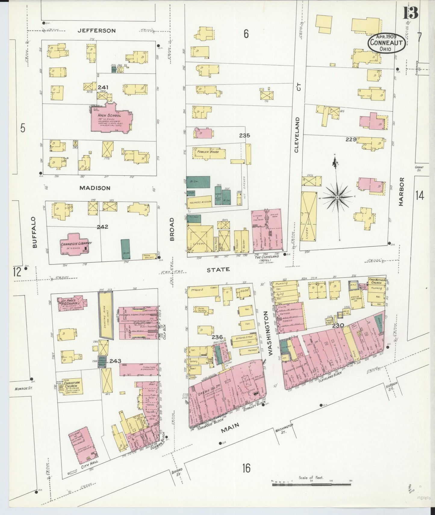Sanborn Fire Insurance Map from Conneaut, Ashtabula County, Ohio (1909), Sheet #0013 - Historic Sanborn Fire Insurance Map Print, vintage old map wall art, antique decor, genealogy gift, Ohio Ohio map