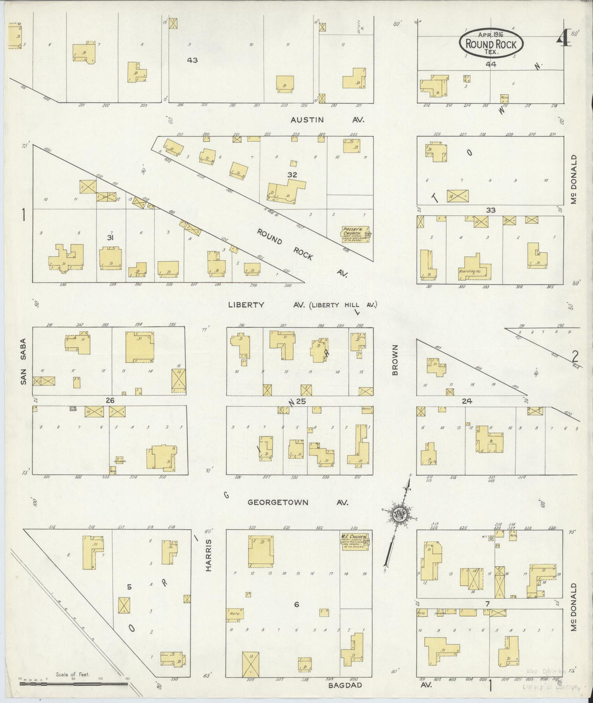 Sanborn Fire Insurance Map from Round Rock, Williamson County, Texas (1916), Sheet #0004 - Historic Sanborn Fire Insurance Map Print, vintage old map wall art, antique decor, genealogy gift, Texas Texas map