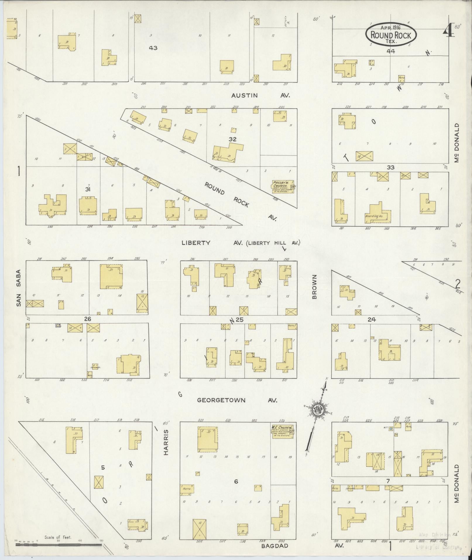 Sanborn Fire Insurance Map from Round Rock, Williamson County, Texas (1916), Sheet #0004 - Historic Sanborn Fire Insurance Map Print, vintage old map wall art, antique decor, genealogy gift, Texas Texas map