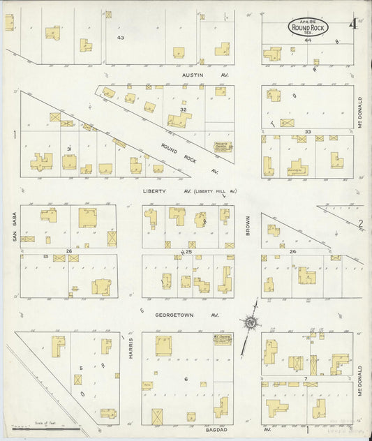 Sanborn Fire Insurance Map from Round Rock, Williamson County, Texas (1916), Sheet #0004 - Historic Sanborn Fire Insurance Map Print, vintage old map wall art, antique decor, genealogy gift, Texas Texas map
