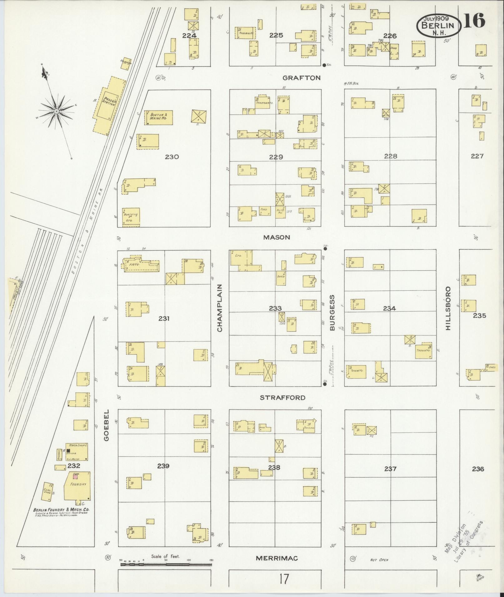 Sanborn Fire Insurance Map from Berlin, Coos County, New Hampshire (1909), Sheet #0016 - Historic Sanborn Fire Insurance Map Print, vintage old map wall art, antique decor, genealogy gift, New Hampshire New Hampshire map