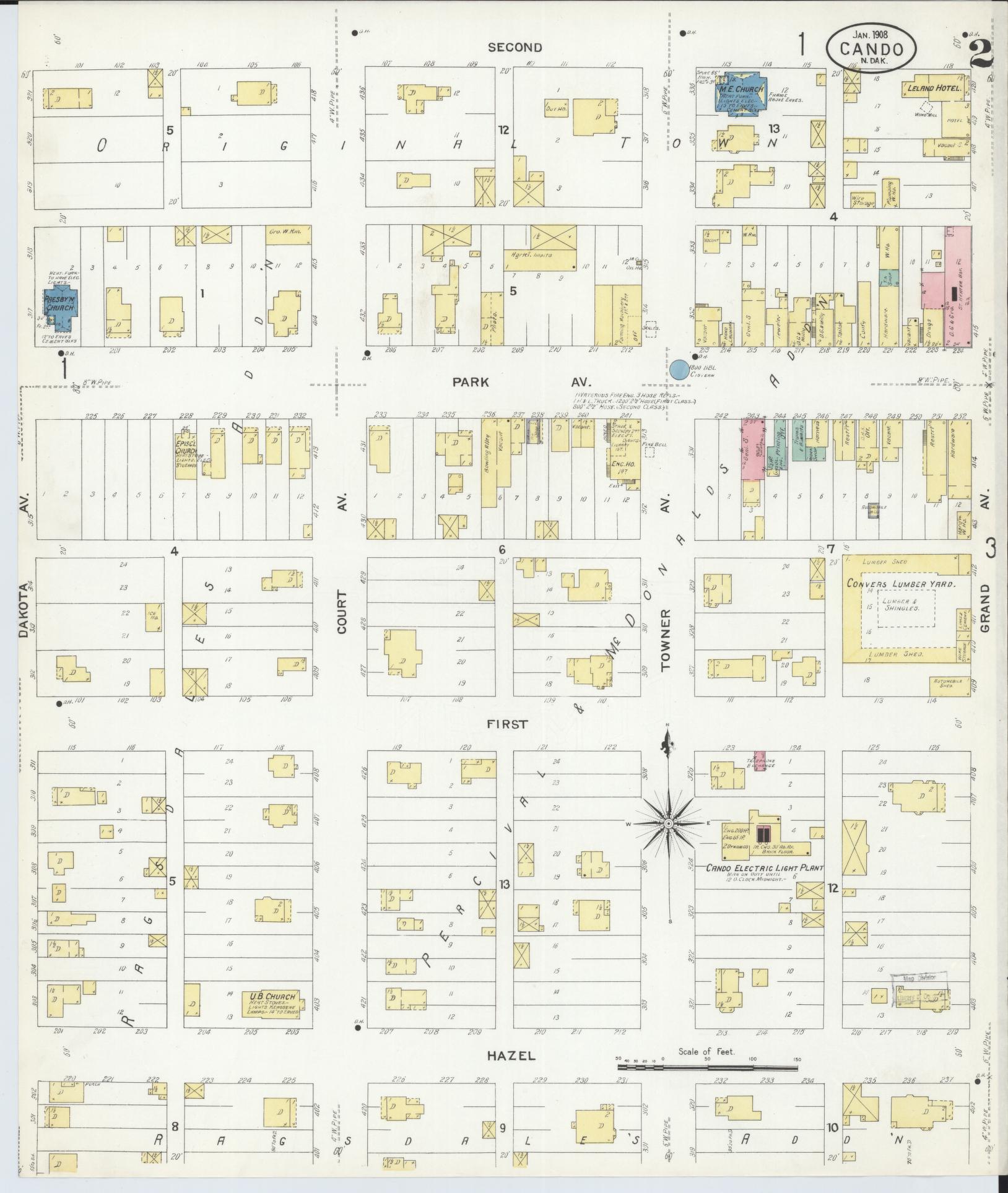 Sanborn Fire Insurance Map from Cando, Towner County, North Dakota (1908), Sheet #0002 - Complete Map Set gallery image, historic Sanborn map, vintage wall art, North Dakota North Dakota