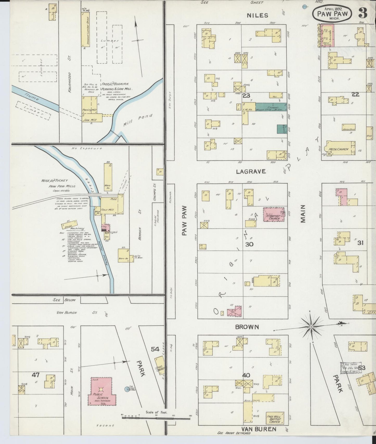 Sanborn Fire Insurance Map from Paw Paw, Van Buren County, Michigan (1892), Sheet #0003 - Complete Map Set gallery image, historic Sanborn map, vintage wall art, Michigan Michigan
