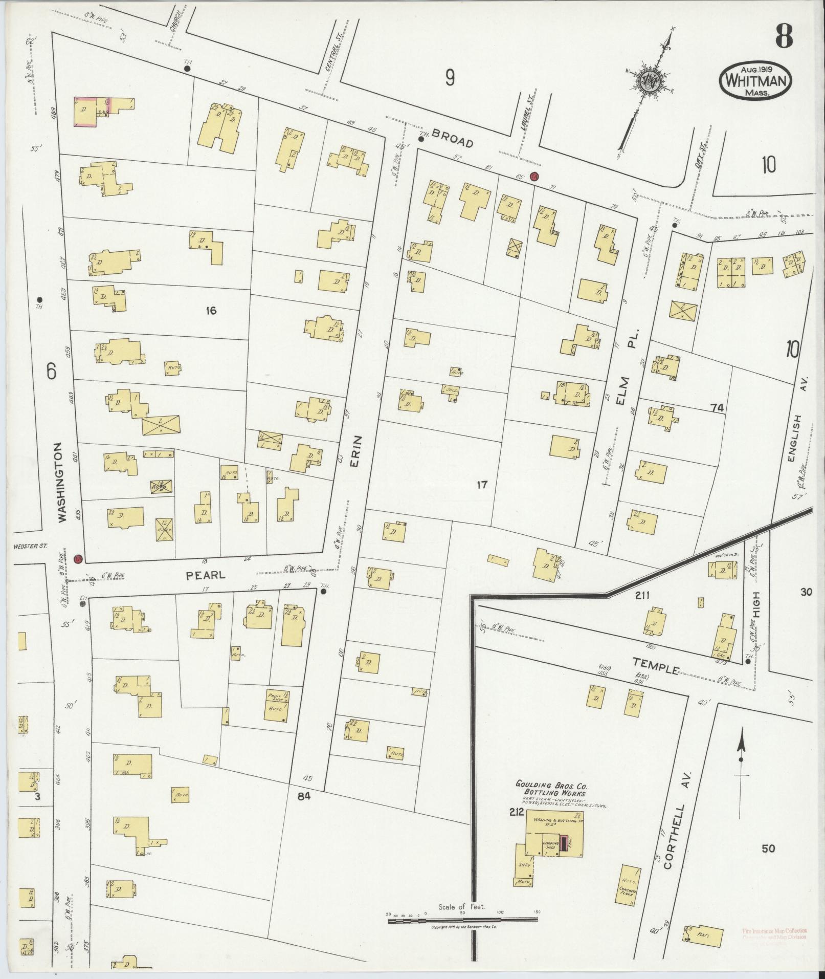 Sanborn Fire Insurance Map from Whitman, Plymouth County, Massachusetts (1919), Sheet #0008 - Historic Sanborn Fire Insurance Map Print, vintage old map wall art, antique decor, genealogy gift, Massachusetts Massachusetts map