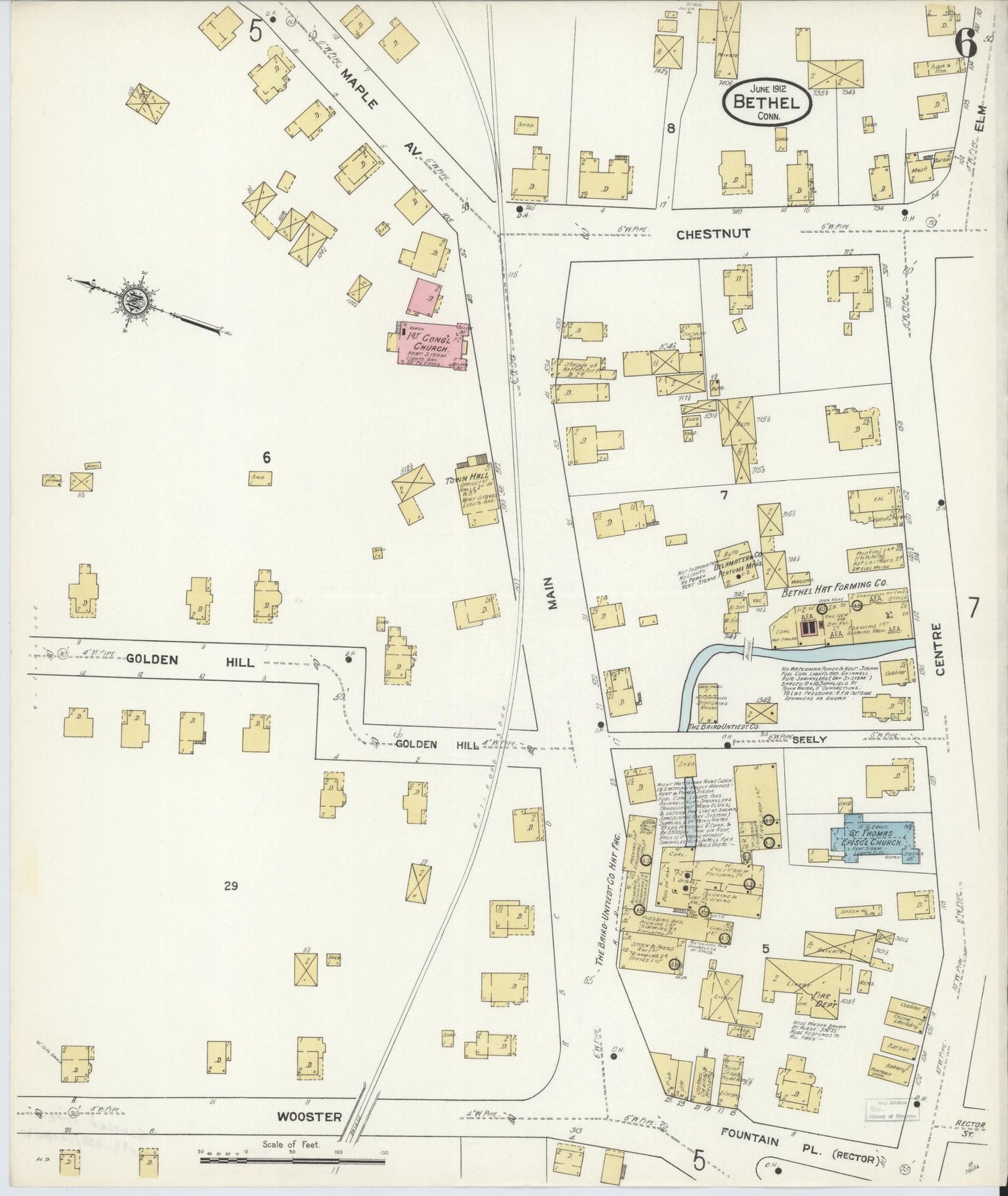 Sanborn Fire Insurance Map from Bethel, Fairfield County, Connecticut (1912), Sheet #0006 - Historic Sanborn Fire Insurance Map Print, vintage old map wall art, antique decor, genealogy gift, Connecticut Connecticut map