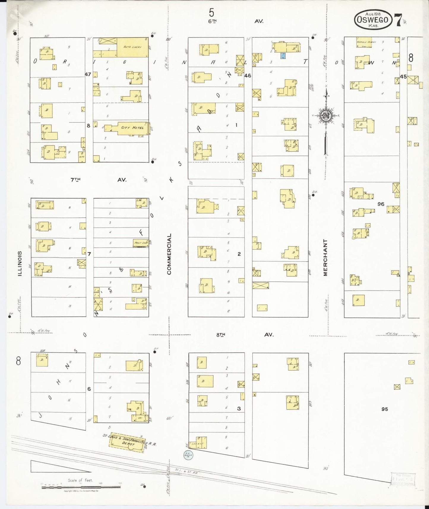 Sanborn Fire Insurance Map from Oswego, Labette County, Kansas (1918), Sheet #0007 - Complete Map Set gallery image, historic Sanborn map, vintage wall art, Kansas Kansas