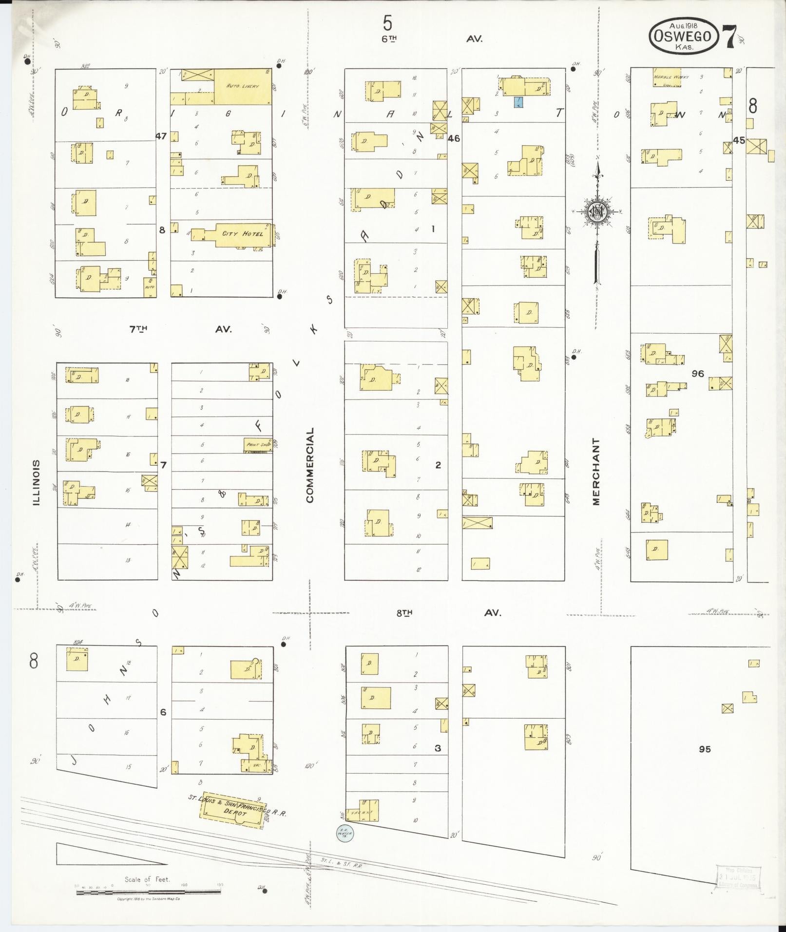 Sanborn Fire Insurance Map from Oswego, Labette County, Kansas (1918), Sheet #0007 - Complete Map Set gallery image, historic Sanborn map, vintage wall art, Kansas Kansas