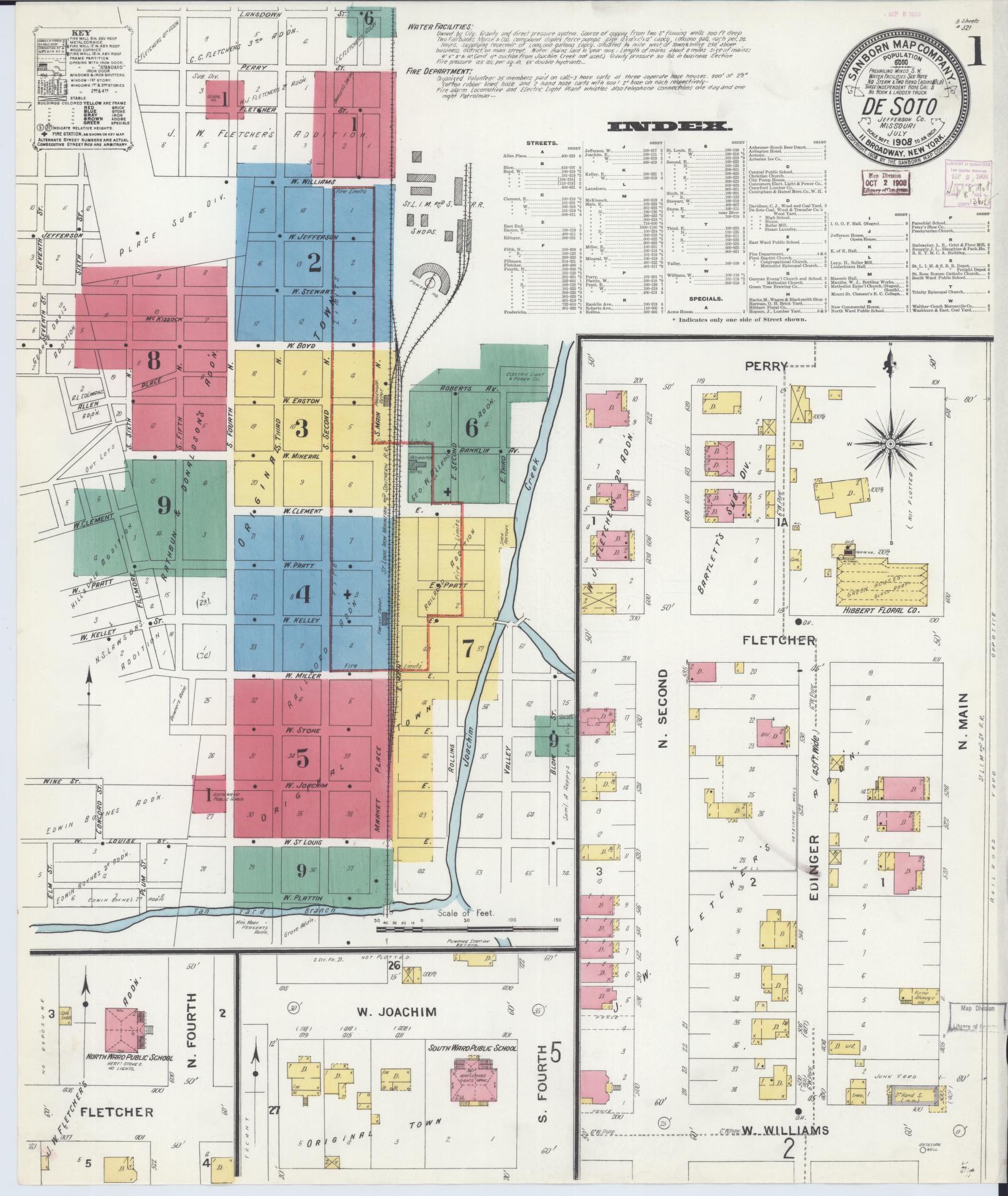Sanborn Fire Insurance Map from De Soto, Jefferson County, Missouri (1908), Sheet #0001 - Historic Sanborn Fire Insurance Map Print, vintage old map wall art, antique decor, genealogy gift, Missouri Missouri map