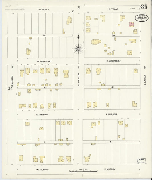 Sanborn Fire Insurance Map from Denison, Grayson County, Texas (1908), Sheet #0035 - Historic Sanborn Fire Insurance Map Print, vintage old map wall art, antique decor, genealogy gift, Texas Texas map