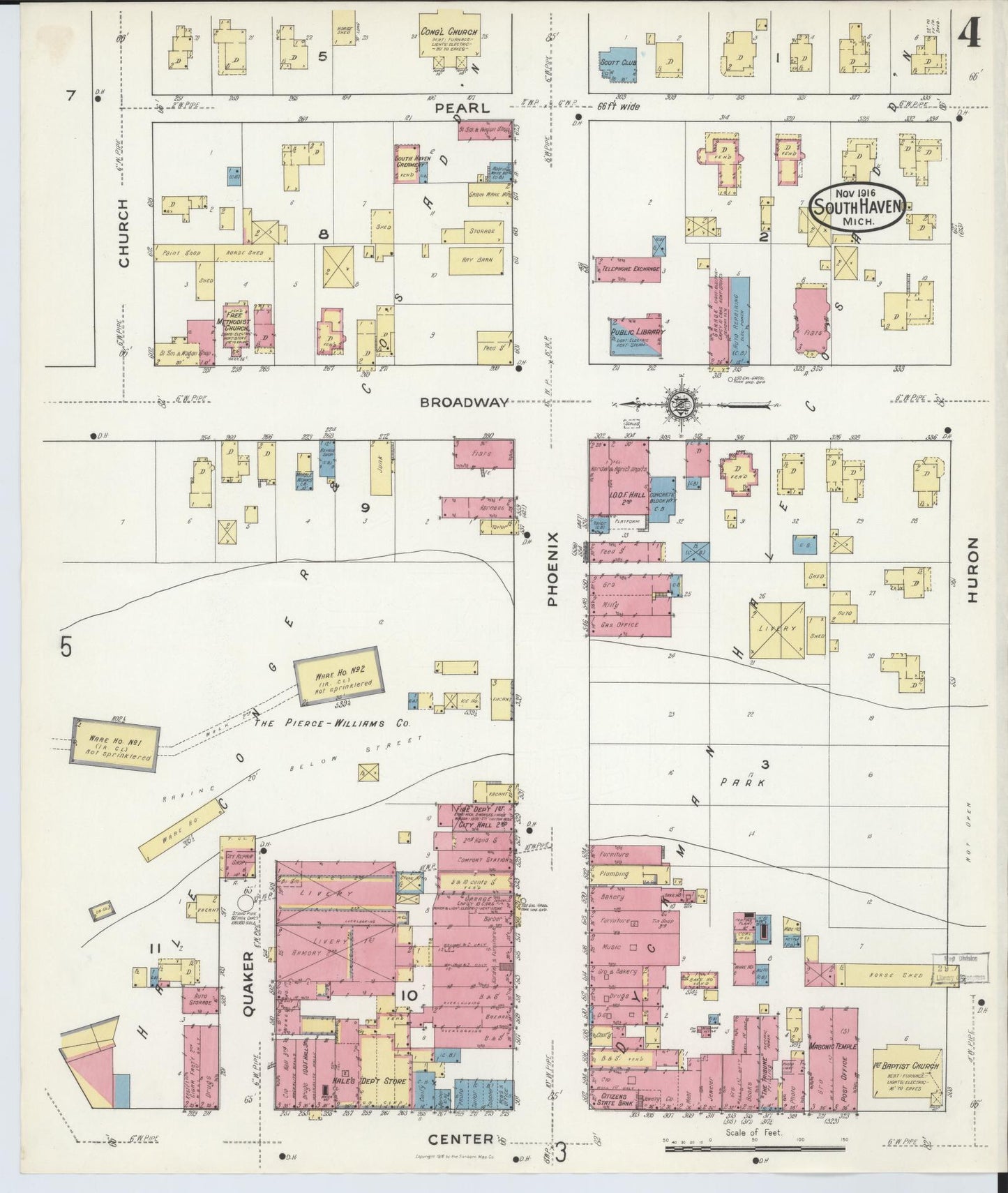 Sanborn Fire Insurance Map from South Haven, Van Buren County, Michigan (1916), Sheet #0004 - Complete Map Set gallery image, historic Sanborn map, vintage wall art, Michigan Michigan