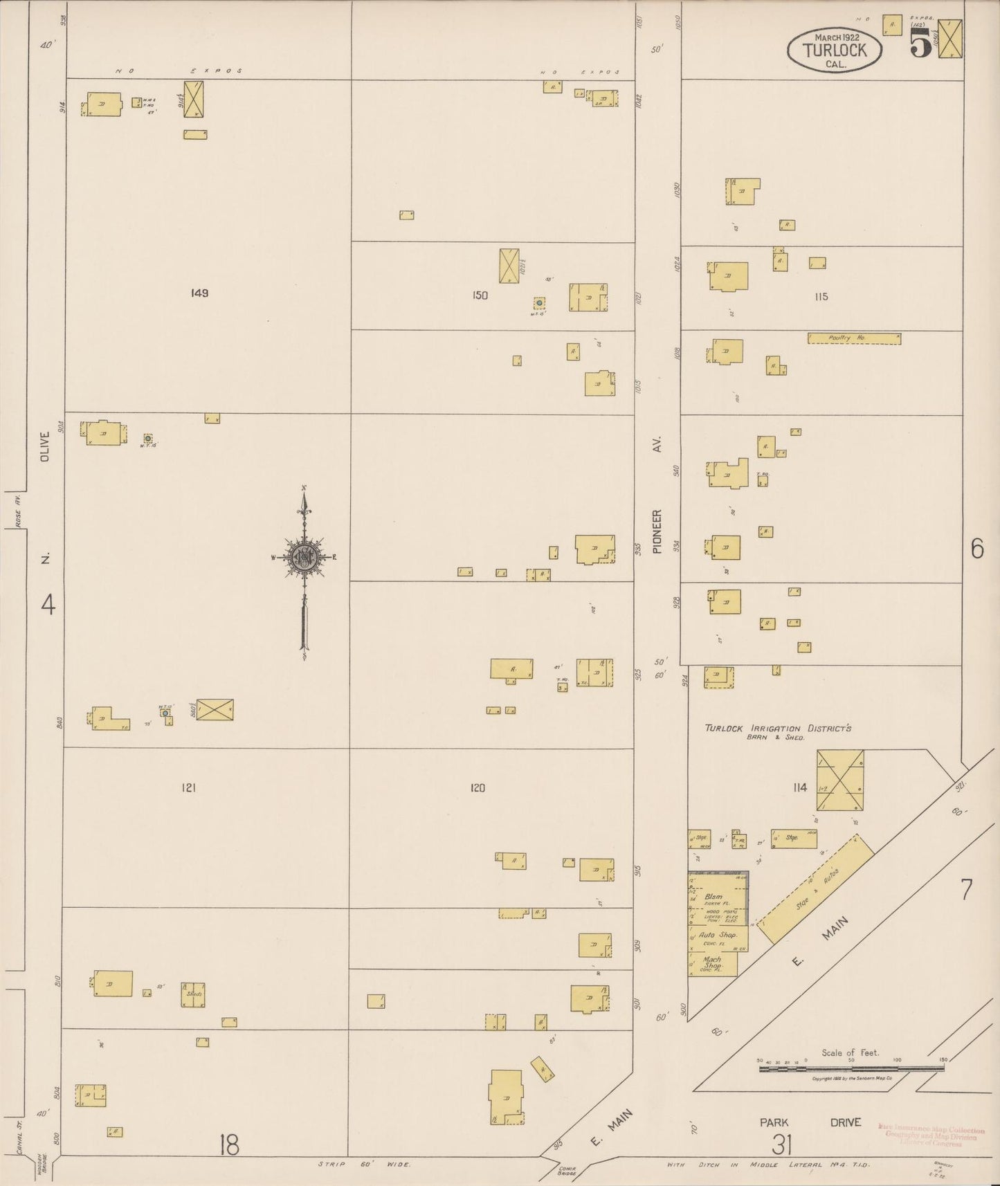 Sanborn Fire Insurance Map from Turlock, Stanislaus County, California (1922), Sheet #0005 - Complete Map Set gallery image, historic Sanborn map, vintage wall art, California California